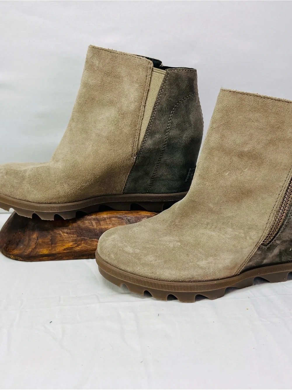Sorel Taupe and Dark Taupe Suede Wedge Ankle Booties